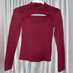 Popular 21, size medium, dark maroon, long sleeve, open chest.